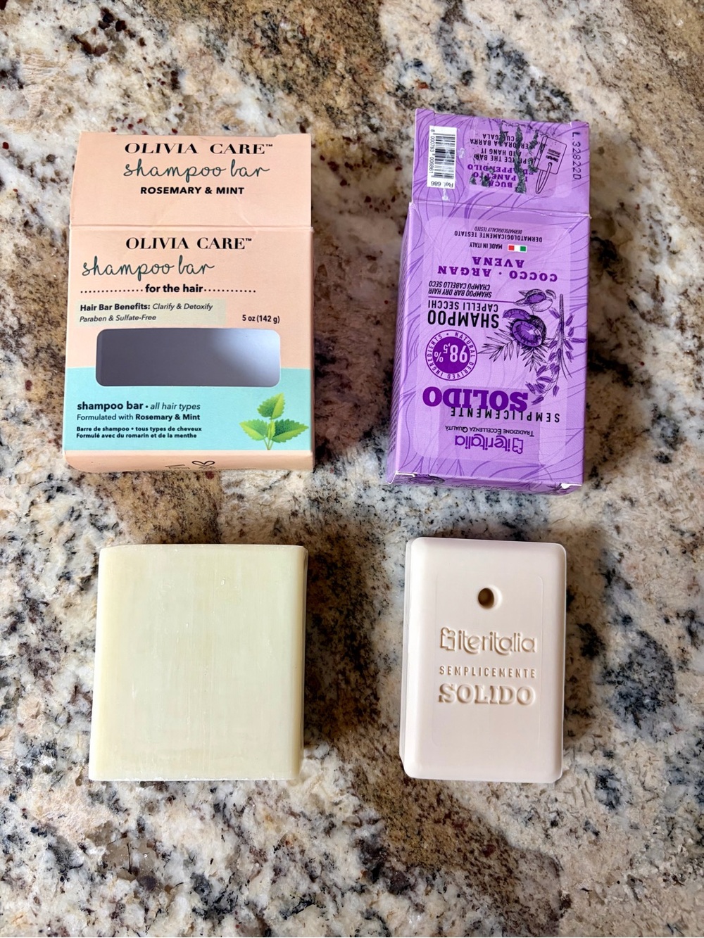 Two Solid Shampoo Bars; Rosemary & Mint, and Coconut, Argan & Oat